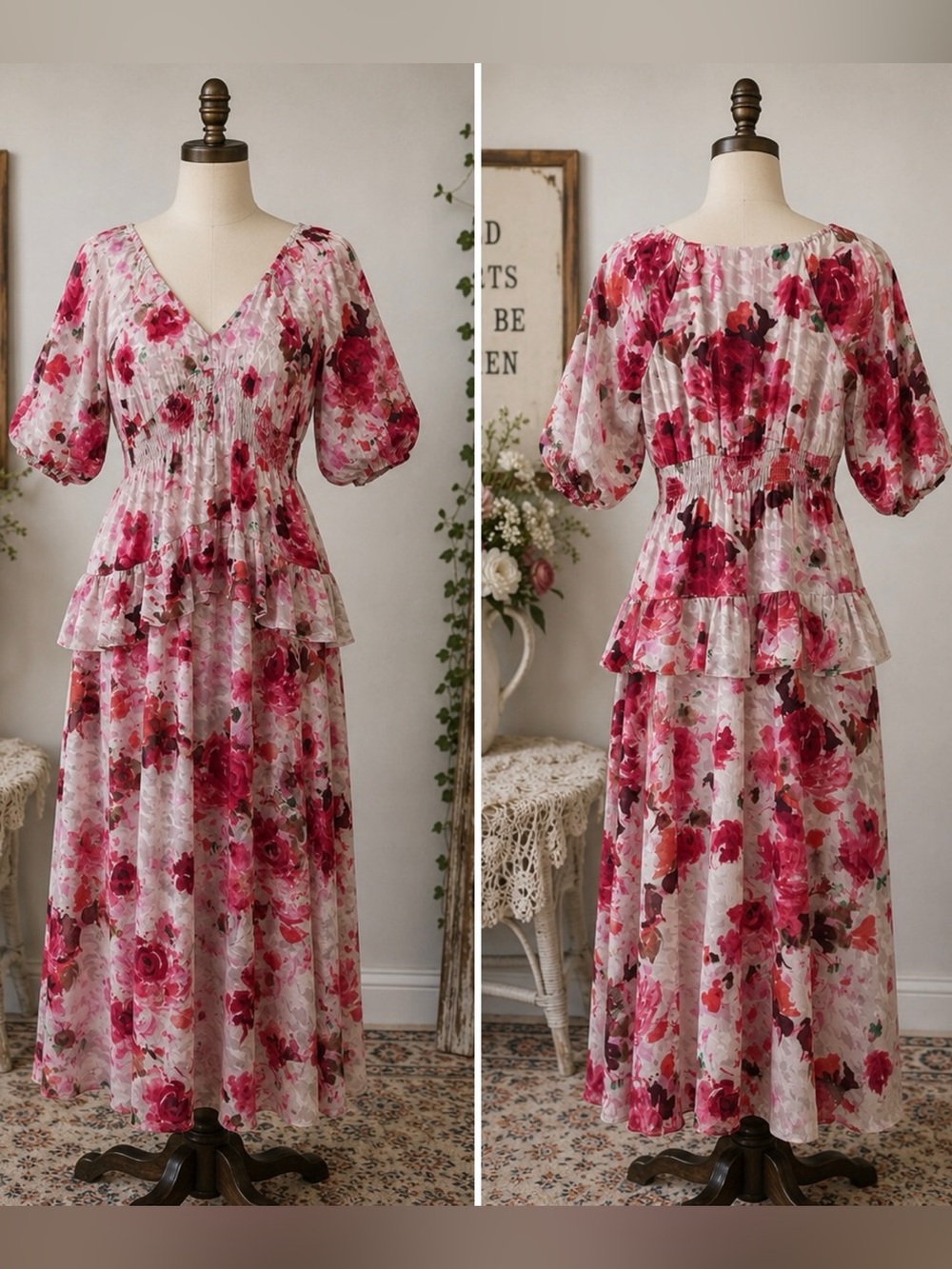 Floral Midi Dress Roses Smocked Waist Feminine Romantic Cottagecore Euro Summer - Picture 15 of 16